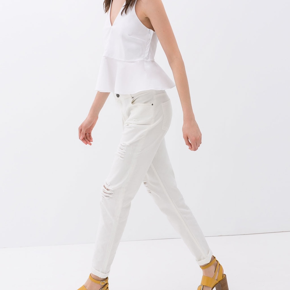 ZARA Ripped Jean:White, US 8/Eur 40